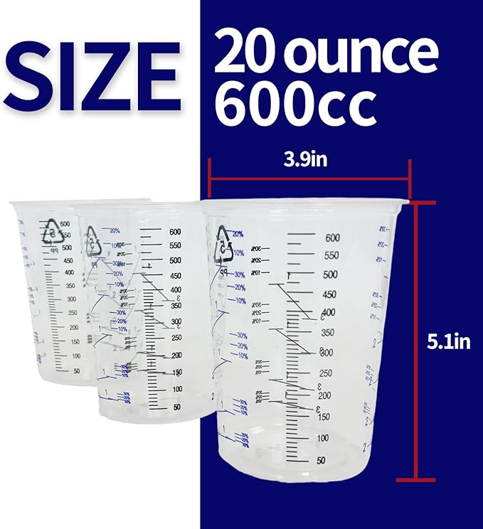 15 PACK Paint Mixing Cups by KEHE REFINISH,20 oz (600ml),Plastic Measuring Cups with Funnels and Mixing Sticks for Liquids, Paints, Resin, Epoxy, Art,Ratios 1:1,2:1, 3:1, 4:1,5:1,6:1,7:1,8:1