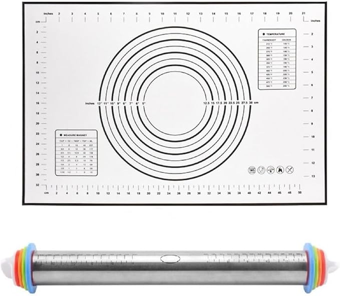 Rolling Pin and Silicone Baking Pastry Mat Set, Stainless Steel Dough Roller with Adjustable Thickness Rings, for Pizza, Pie, Pastries, Pasta, Cookies (Black)