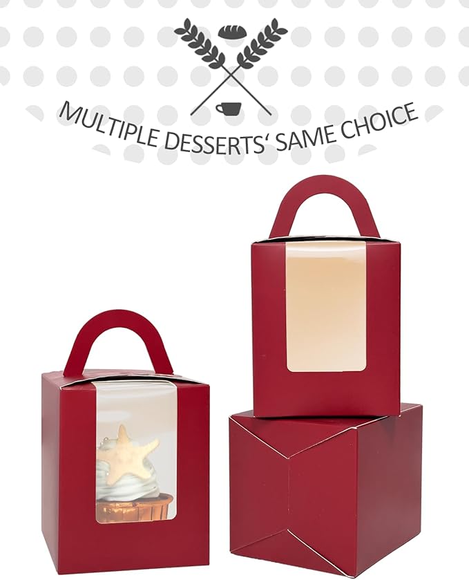 qiqee Wine Cupcake Boxes Individual Cupcake Holders Disposable 50pcs Single Cupcake Boxes with Window 3.7" 3.7"*4.5" Cupcake Containers