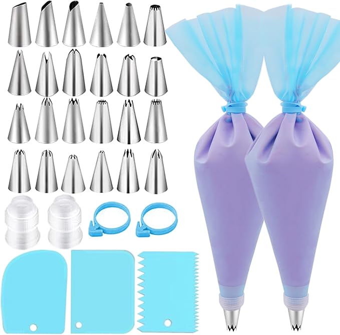 FANTEXY 33 Pieces Piping Bags and Tips Set,Reusable Cake Decorating Supplies with 2 Pastry Bags,24 icing tips,2 Couplers,2 Silicone Rings and 3 Scrapers,Frosting Piping Kit for Cupcake,Cookie