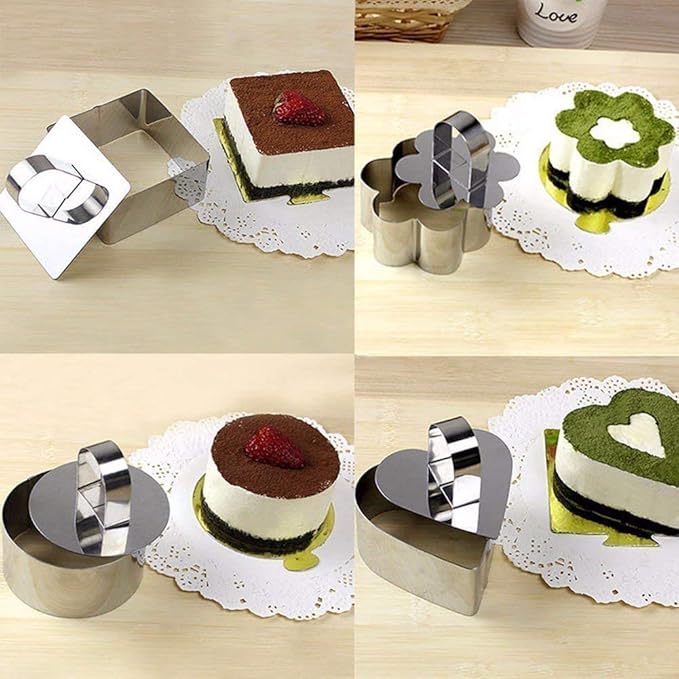 Stainless Steel 3D Cake Molds with Pusher Lifter Cooking Rings Set of 4,Baking Dish Bakeware Tools Cupcake Mold Mousse Ring Cheese Tools Salad Cake Dessert Mould(4 Different Shapes)