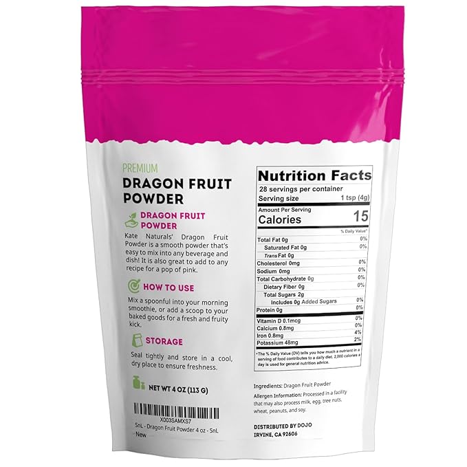 Kate Naturals Dragon Fruit Powder for Baking & Drinks (4oz). Vegan, Gluten Free Dried Pink Pitaya Powder for Dragonfruit Syrup, Smoothies & Food Coloring