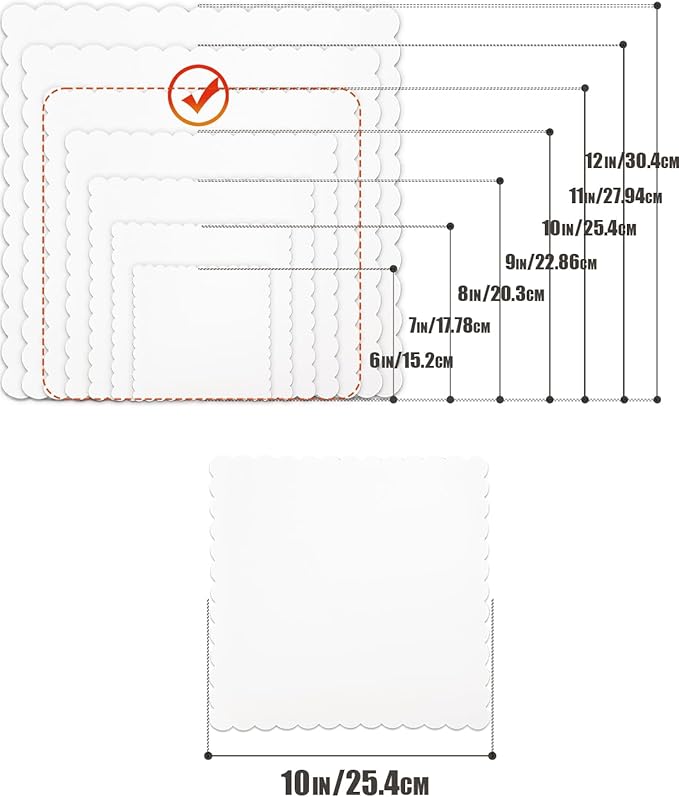 qiqee White 10 Inch Wave Cake Boards 15-Packs Squares Base Food-Grade Cardboard Wave Cake Plate（Thinner But Stronger）