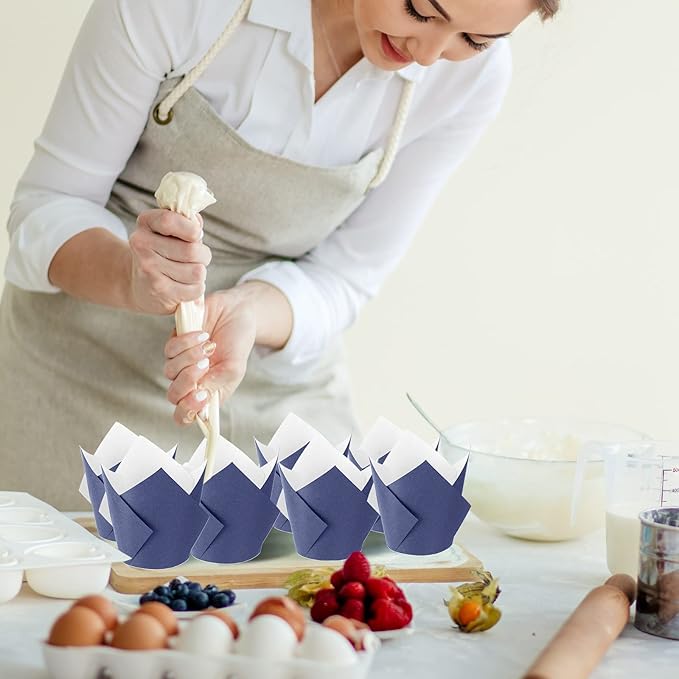 Jutom 200 Pack Tulip Cupcake Liners Paper Baking Cups Greaseproof Muffin Liners Grease Resistant Cupcake Wrappers for Weddings Birthday Cake Balls Muffins Candy Jelly Party(Dark Blue)