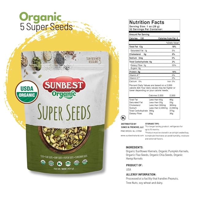 Sunbest Natural Organic Super Seeds Blend, 2-Pack (16 oz each) of Organic Seeds including Raw Pumpkin, Chia, Hemp, Sunflower & Flax – Perfect for Salad Toppings