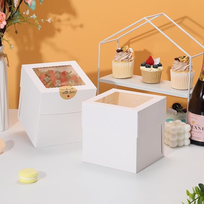 COTOPHER 15Pcs 6x6x6 Inches Mini Cake Boxes, Square Bakery Boxes with Window, Cake Containers for Pastries, Cookies, Chocolates, Cupcakes, Birthday Party Cake Decorating Supplies for Gift Giving