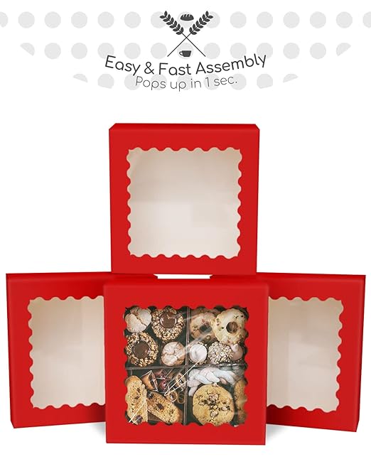 qiqee Red Pastry Box With Window 8x8x2.5 inch Donut Pie Boxes 30pcs Bakery Box Auto-pop up