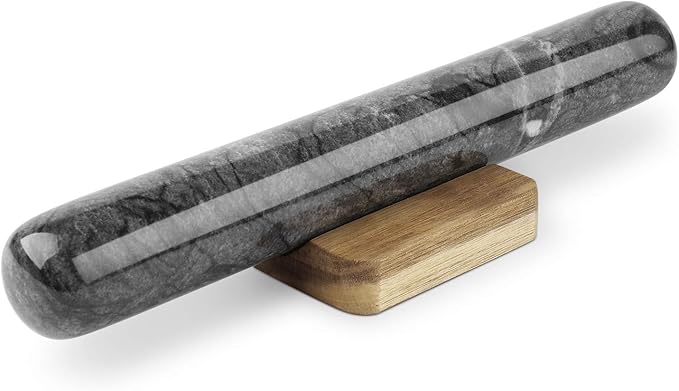 Flexzion Dowel Rolling Pin, 11-inch Black Marble with Wooden Holder Base Stand, Marble Rolling Pin for Baking Pastry Pizza Dough Roller Fondant Cookie Pie Crust Pasta Bakery Roller Pin