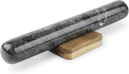 Flexzion Dowel Rolling Pin, 11-inch Black Marble with Wooden Holder Base Stand, Marble Rolling Pin for Baking Pastry Pizza Dough Roller Fondant Cookie Pie Crust Pasta Bakery Roller Pin
