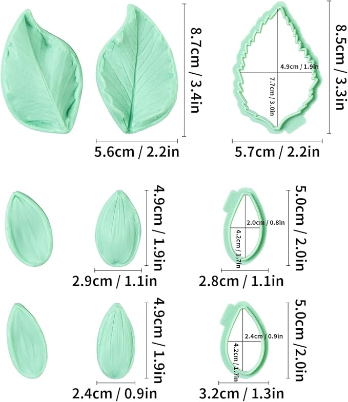9Pcs Floral Fondant Mold Assortment, Mixed Flower Petal Veining Molds and Cutters for Sugar Craft and Candy Decoration