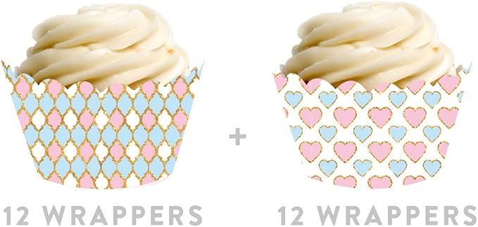 Andaz Press Party Cupcake Wrapper Decorations, Pink and Baby Blue Hearts Harlequin, 24-Pack, Theme Colored Bulk Cake Supplies, Gender Reveal Baby Shower 1st Birthday
