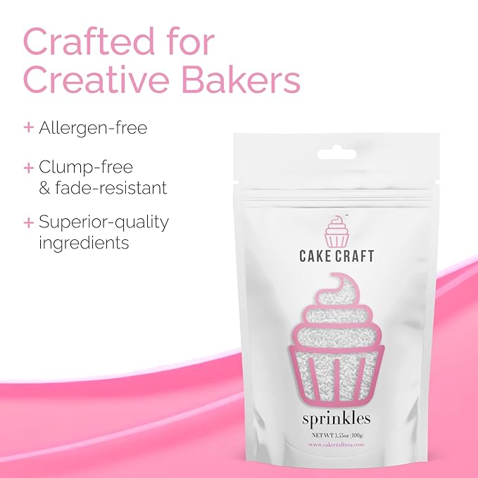 Cake Craft White Sugar Strand Sprinkles (Jimmies) – 3-Pack (100g Each) | Elegant White Sprinkles for Cakes, Cupcakes, Cookies & More | Soft Color & Sweet Crunch