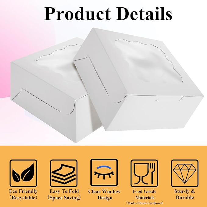 QTLCOHD 100 Pack Bakery Boxes 6 x 6 x 3 Inches Cookie Boxes with Window White Pastry Boxes Bulk Treat Boxes for Dessert, Cupcakes, Pastries, Cookies, Strawberries Chocolate