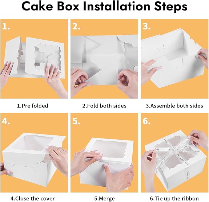 JCD 48pcs Cake Boxes 8x8x5in with Window,White 8 inch Cake Boxes with Boards for Pastries,Cupcakes,Cookies, Pie, Muffins and Donuts(24 Boxes &24 Boards & Stickers & ribbon) (8 * 8 * 5inch/24sets)