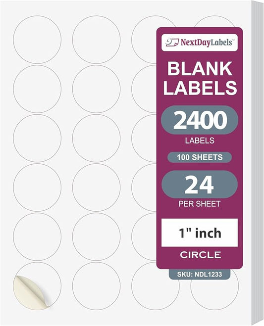 NextDayLabels – 1.66 Inch Round Labels - Round Sticker Labels for Printer - Matte White Blank Laser/Inkjet Printer Labels - Circle Stickers Printable Labels (100 Sheets, 24 Per Sheet, 2400 Labels)