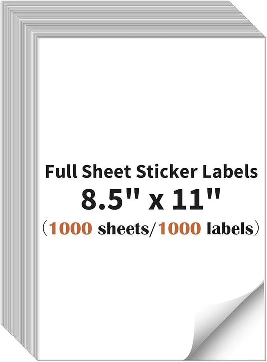 Full Sheet Sticker Label, 8.5" x 11" Shipping Label Paper (1000 Sheets, 1000 Labels), Self Adhesive Full Sheet White Matte Paper, Address Sticker Labels for Laser & Inkjet Printer