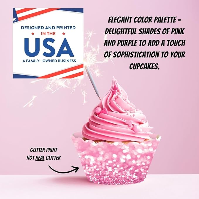 Andaz Press Party Cupcake Wrapper Decorations, Faux Pink And Lavender Purple Glitter, 24-Pack, Magical Unicorn Princess Girls Birthday Theme Colored Bulk Cake Supplies Purple Cupcake Wrappers