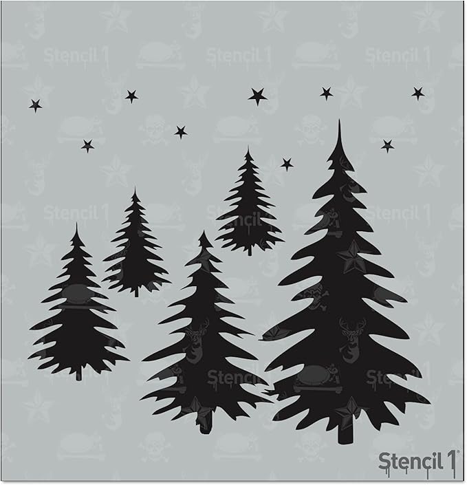 Stencil1 Evergreen Forest Stencil – Reusable Winter Template for DIY Crafts, Holiday Decor, Painting on Wood, Fabric, Cards & More - 5.75" x 6"
