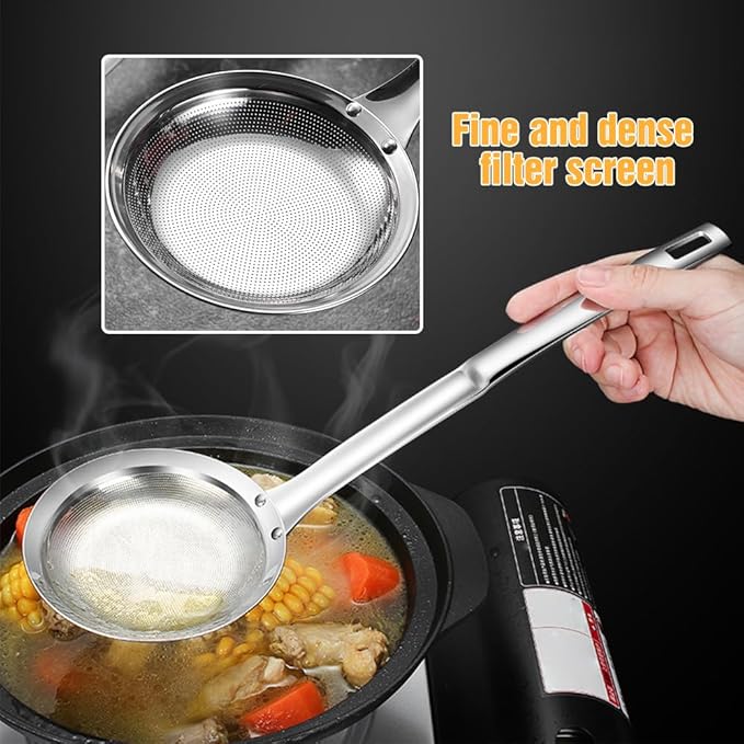 Fine Mesh Stainless Steel Colander, 2024 New Stainless Steel Fine Mesh Strainer for Oil Filter Skimming Grease and Foam, Premium Skimmer Spoon Fine Mesh Strainer with Long Handle (A-Small)