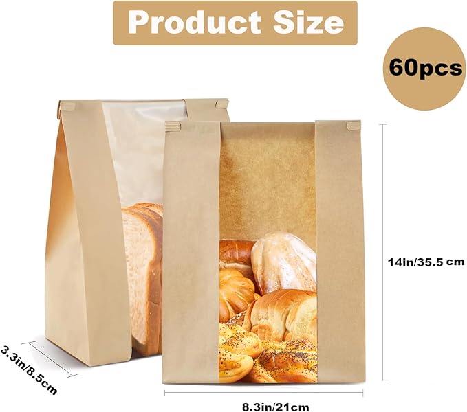 60 Pack Bread Bags for Homemade Bread Sourdough Bread Bags with Tin Strip Large Bakery Bags with Window Paper Bread bags, Yellow