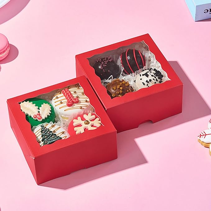 50 Pack 4x4x2 inches Red Bakery Boxes with Window - Macaron Cookie Chocolate Truffle Strawberry & Mini Cake Gift Boxes for Valentine's Parties Birthdays Wedding, Christmas Favors