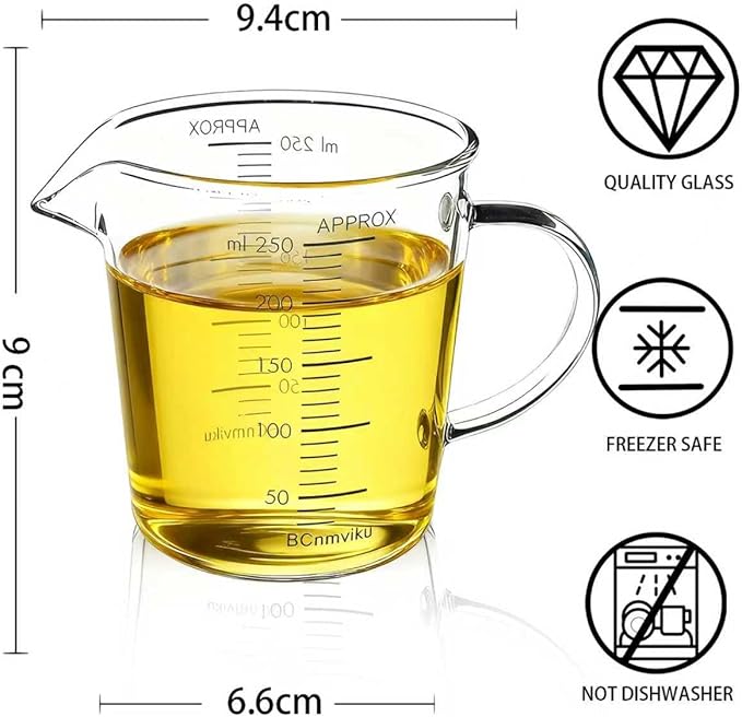 BCnmviku Glass Measuring Cups High Borosilicate [Insulated Handle | V-Shaped Spout]For Prepping Baking and Cooking Preheated Oven Dishwasher Freezer and Microwave Safe (250ml)