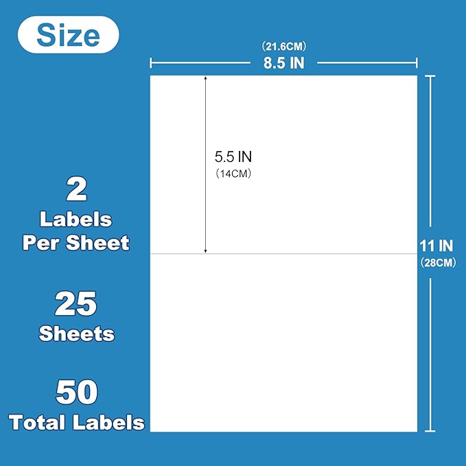 Half Sheet Self Adhesive Shipping Labels for Laser & Inkjet Printers 8.5" x 5.5", White Blank Mailing Labels Strong Adhesive Sticker Labels (25 Sheets,50 Labels)（HB-R002）
