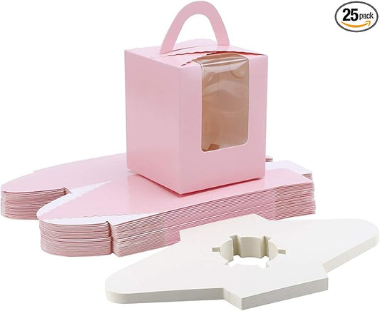 EUSOAR Individual Cupcake Boxes, 25pcs 3.6"x 3.6"x 4.3" Single Cupcake Carrier Containers, Muffin Cupcake Gift Boxes with Window Inserts Handle, for Wedding Birthday Party Treats Gift Packaging Boxes