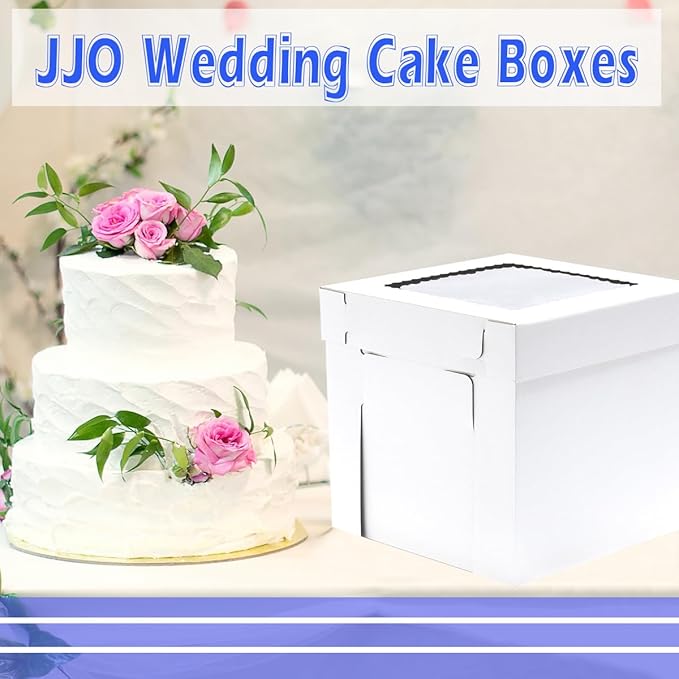 JJO Tall Cake Boxes for Tier Cakes, 14x14x12 Inches 3 Pack,Whie Cake Boxes with Window,Disposable Cake Containers, Sturdy Wedding Tall Cake Carrier