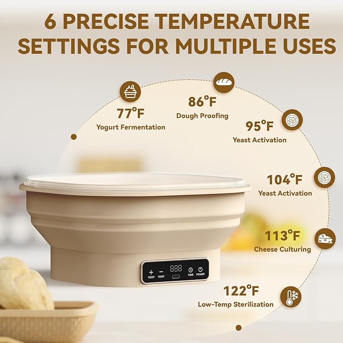 Heating Sourdough Banneton Bread Proofing Basket Kit with Timer & 6 Temp Settings, 2L Foldable Silicone Dough Proofing Box Electric Sourdough Starter Warmer Set for Dough Rising, Baking Supplies