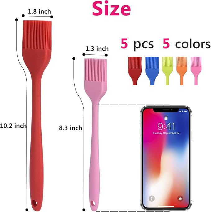 Hhyn Silicone Basting Pastry Brush Set 5 Pack Heat Resistant Spread Oil Butter Sauce for BBQ Grill Barbeque Kitchen Baking Cooking Pastries, 2 Large & 3 Small Multicolor