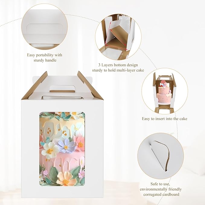 6 Pack Tall Cake Boxes with Cake Boards, 12x12x14 Inch Tiered Cake Box with 6 Windows, Layer Cake Carrier with Handle Bakery Take out Containers for Wedding Birthday Party (White-12x12x14 Inch-6 Pack)