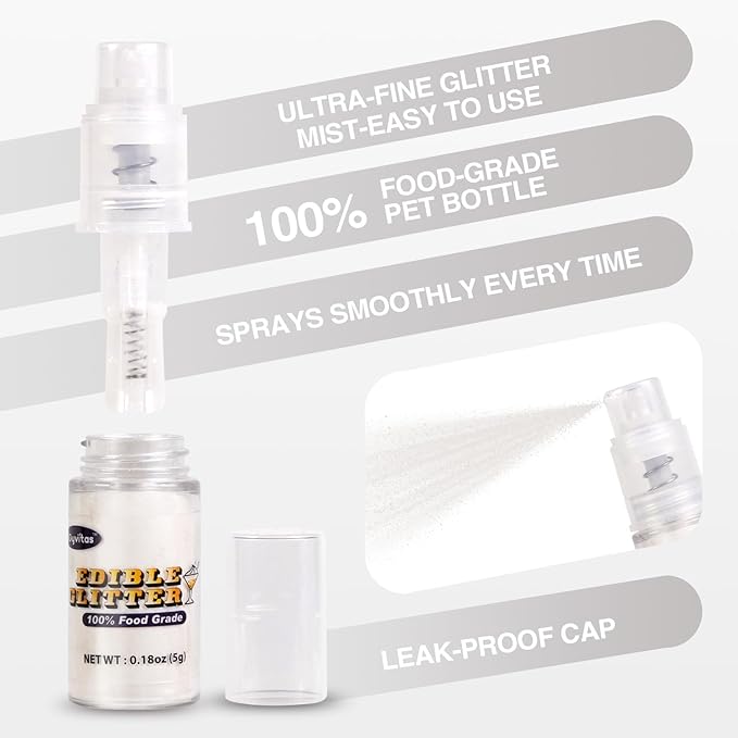 White Edible Glitter Spray 5g, Shimmer Edible Glitter for Cocktails, Food Grade Luster Dust for Beverages & Cake Decorating, Drinks, Baking, Chocolate