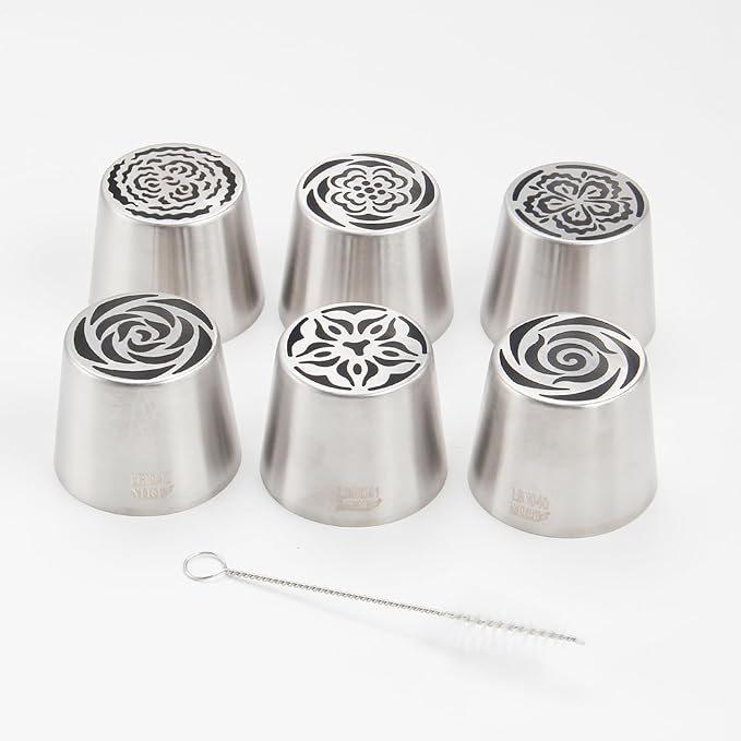 Extra Large Russian Piping Tip Set - 6 Stainless Steel Marshmallow Buttercream Framing Nozzles for 3D Roses Tulip Cake Decorations and Marshmallow Bouquets, Includes 1 Cleaning Brush(6B)