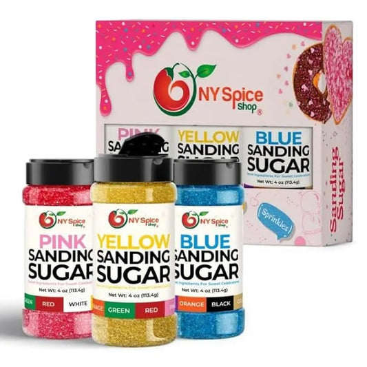 NY Spice Shop Pink-Yellow-Blue Sanding Sugar - Sweet Colorful Edible Sprinkles for Candy Dishes, Cake Decorating, and Dessert Displays - 4 Ounce (Pack of 3)