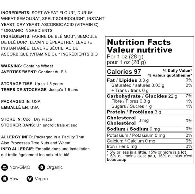 Food to Live Organic Italian Pizza Flour – Non-GMO Double Zero 00 Pizza Crust Mix, A Custom Blend of Soft Wheat Flour, Durum Wheat Semolina, and Spelt Sourdough. Unbleached, Extra Fine, Vegan, Bulk