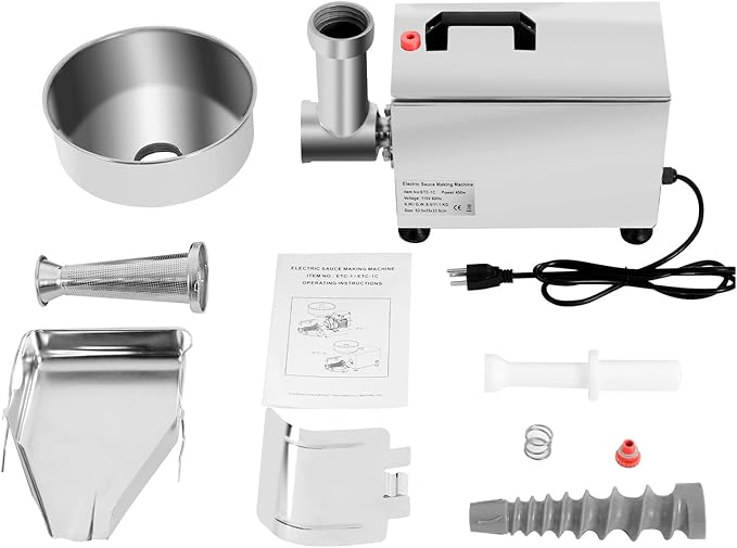 450W Electric Tomato Strainer, 304 Stainless Steel Tomato Mill Machine with Dia 4.8" Funnel, 50 Kg/H Pure Copper Motor Food Strainer and Sauce Maker for Tomato Sauce Silver 110V