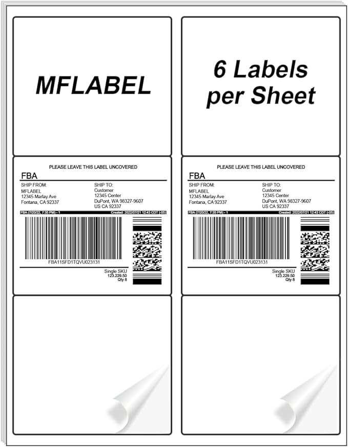 MFLABEL 3-1/3" x 4" FBA Shipping Labels - 6-UP on 8.5x11 Sheet, 25 Sheets (150 Labels) | Easy Peel & Pop-Out Design for Laser & Inkjet Printers | Address Labels for Amazon FBA, UPS, FedEx