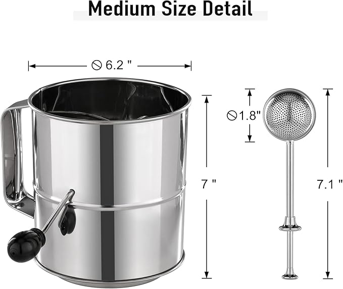 PIQUEBAR Flour Sifter - 8 Cup Fine Mesh Hand Crank Sifter Stainless Steel with Agitator Wire Loop for Baking, Powdered Sugar Duster Set