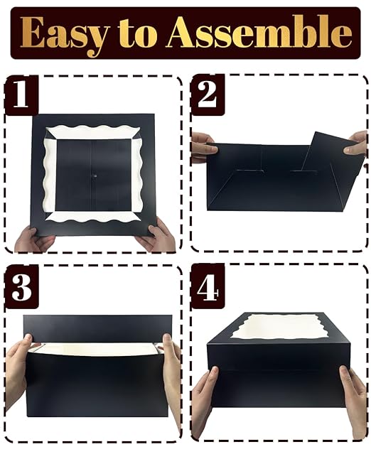 qiqee 12x12x6 Cake Box, 18 Sets Black Cake Box with Window ＆ 18 Sets 8" Cake Round Boards, 8inch Cake Containers, 10 Meters Silk Ribbon