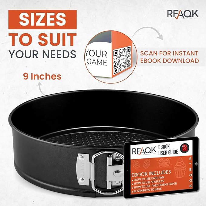 RFAQK Non-Stick 9 Inch Springform Pan - Spring form Pan for Cheesecake with Removable Bottom, Bonus Icing Spatula with 10 Pcs Parchment Paper & Recipe E-Book - Ideal for Baking Cakes, Pizzas, & More!