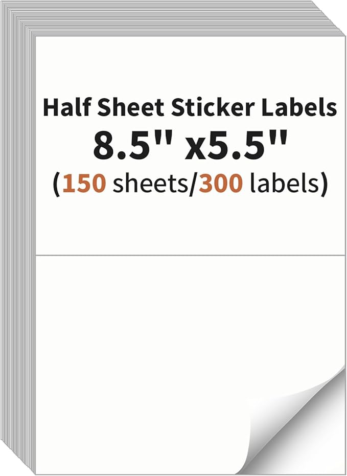 Half Sheet Labels, 2 per Sheet, 150 Sheets, 300 Labels, 8.5" x 5.5" Shipping Labels Paper, Address Sticker Laser & Inkjet Printer Label Stickers, 5 1/2" x 8 1/2" Half Sheet Labels