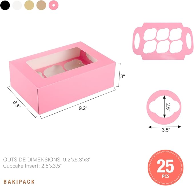 25 Pink Cupcake Boxes, Cupcake Boxes 6 Count with Window and Inserts, Mother's Day Cupcake Holders for Cupcakes, Muffins, Cookies