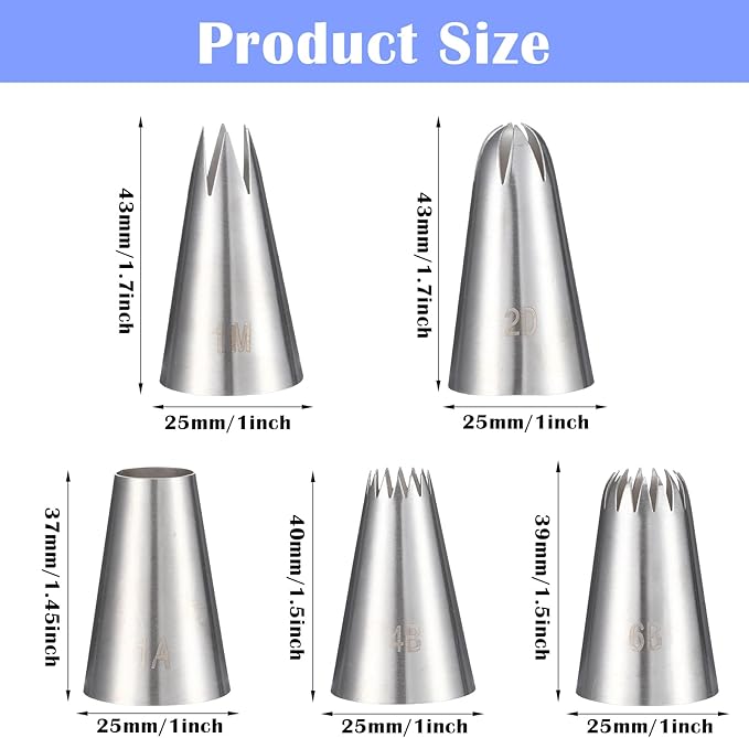 5 Pcs Cake Piping Tips, 1M 4B 6B 2D 1A frosting tips Stainless Steel Cakes Decorating Tip Set Large Piping Nozzles Baking Tools for Buttercream Icing Birthday Cake Cupcake DIY Art