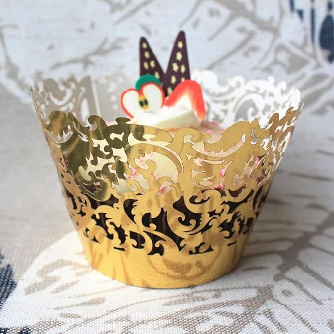 YOZATIA 60 Gold Vine Lace Cupcake Wrapper, Laser Cut Golden Cupcake Liners for Weddings Birthdays Tea Parties and any Special Event- Gold