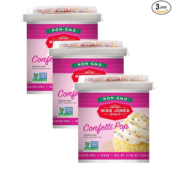 Miss Jones Baking 90% Organic Birthday Buttercream Frosting, Perfect for Icing and Decorating, Vegan-Friendly: Confetti Pop (Pack of 3)