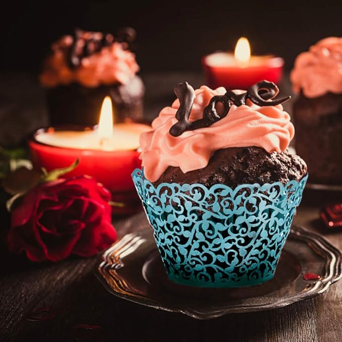 GOLF 100Pcs Cupcake Wrappers Artistic Bake Cake Paper Filigree Little Vine Lace Laser Cut Liner Baking Cup Wraps Muffin CaseTrays for Wedding Party Birthday Decoration (Blue)