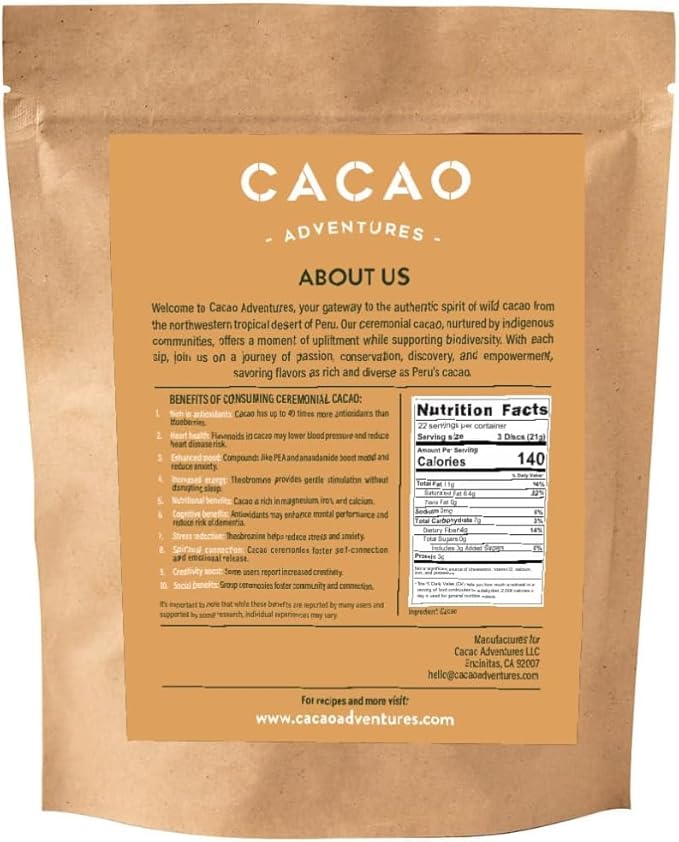 Cacao Adventures Ceremonial Cacao | Tropical Desert Peru 100% Pure Raw Cacao | Dairy Free & Vegan | Unsweetened | Ethically Sourced and Sustainably Grown | Cacao Ceremony | Piura Blanco, 8 oz