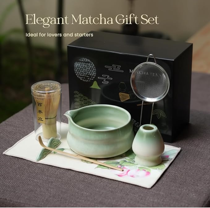 Matcha Whisk Set, 7 Pcs Kit Includes Ceramic Bowl, Traditional Bamboo Whisk and Holder, Scoop, Scoop Rest, Sifter and Tea Towel - Gift set for Matcha Lovers, birthday, Christmas (Green)