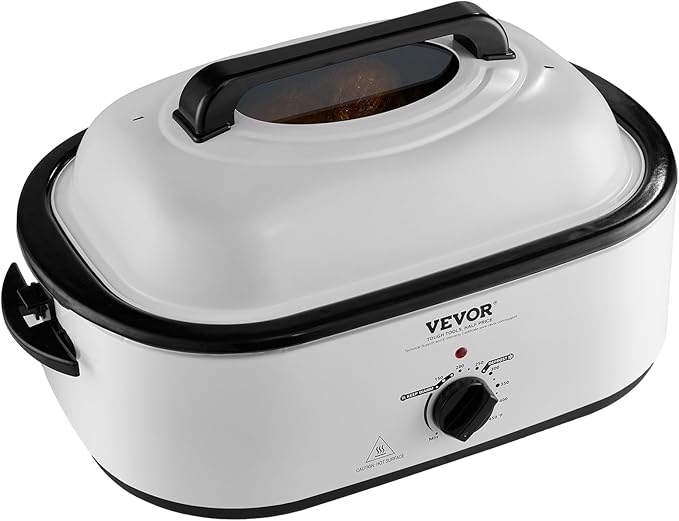 VEVOR Electric Roaster Oven, 22 QT Turkey Roaster with Self-Basting Lid, 1450W Roaster with Defrost & Warm Function, Adjustable Temp, Removable Pan & Rack, Fits Turkeys Up to 26LBS, White
